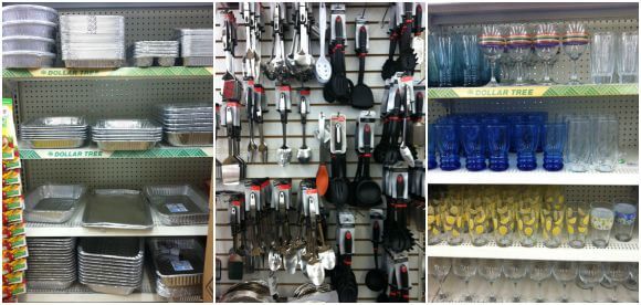 Shelves with containers, cooking gadgets and glassware. 