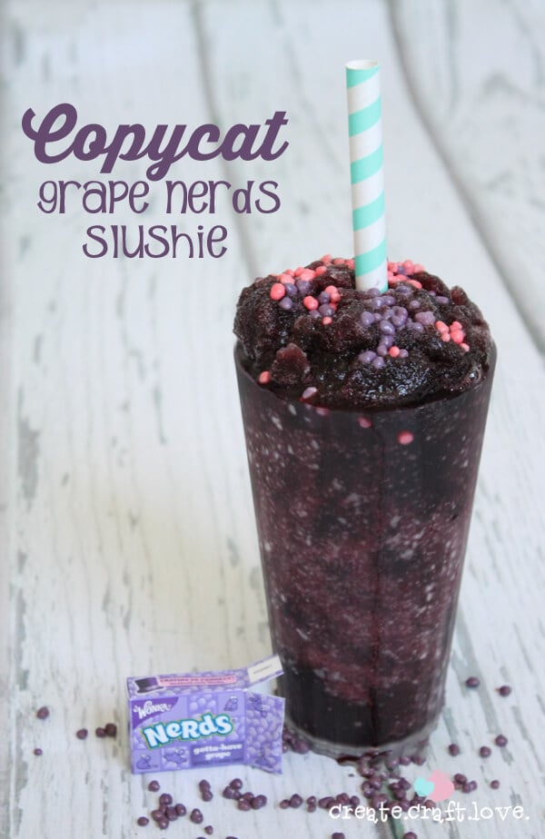 Grape Nerd Slushie beside a box of nerds. 