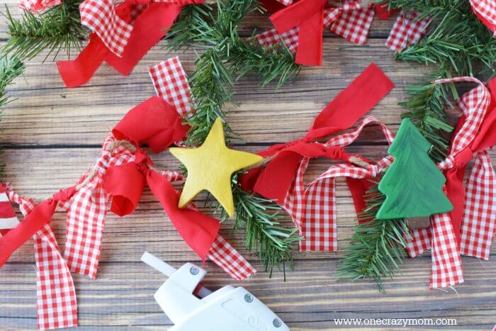 Garland with ornaments and ribbon. 
