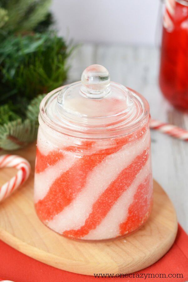 Glass jar with peppermint sugar scrub. 