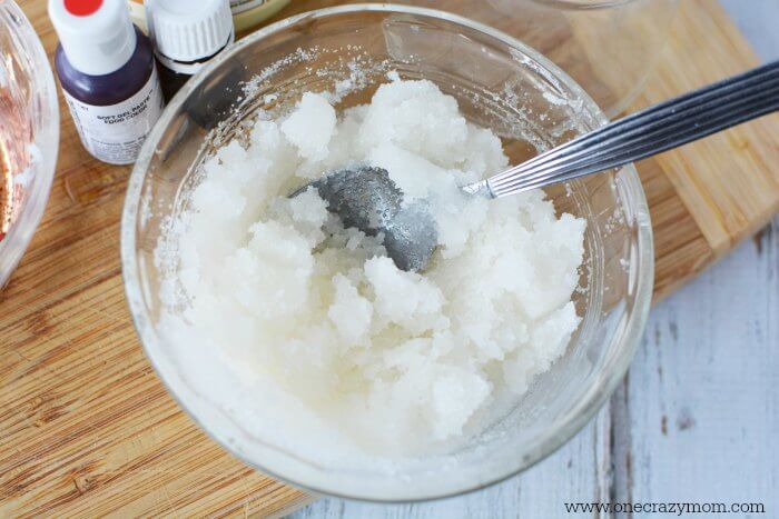 Mixture combined in a bowl with a spoon. 