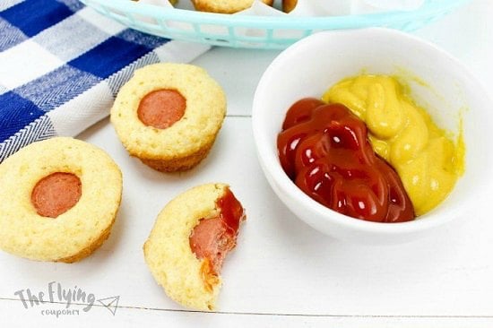 Corn Dog Bites with ketchup and mustard. 
