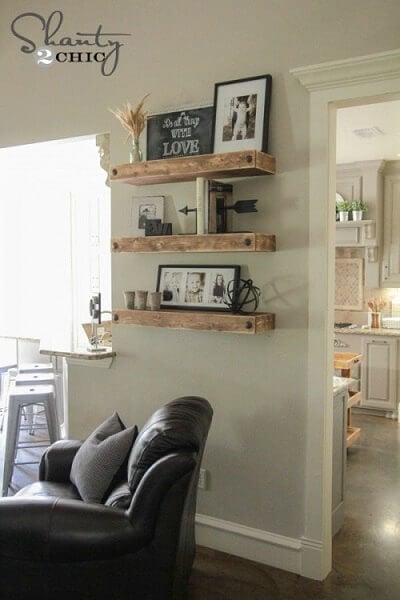 Floating shelves on wall. 