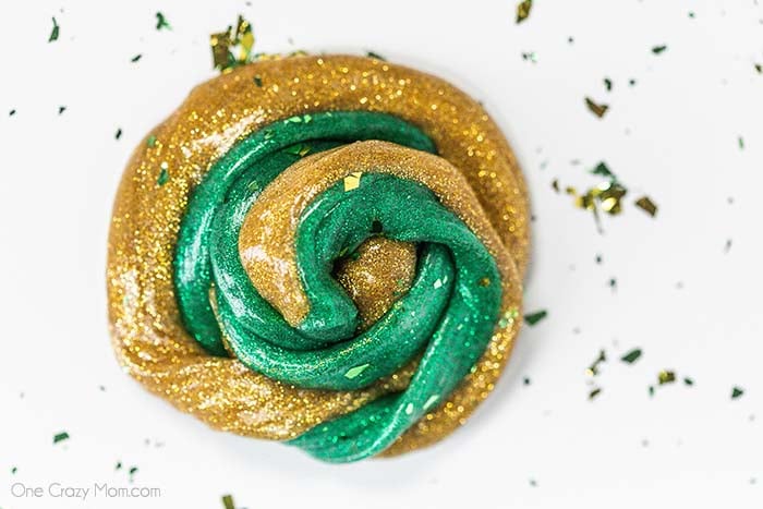St Patrick's Day Slime swirled together.