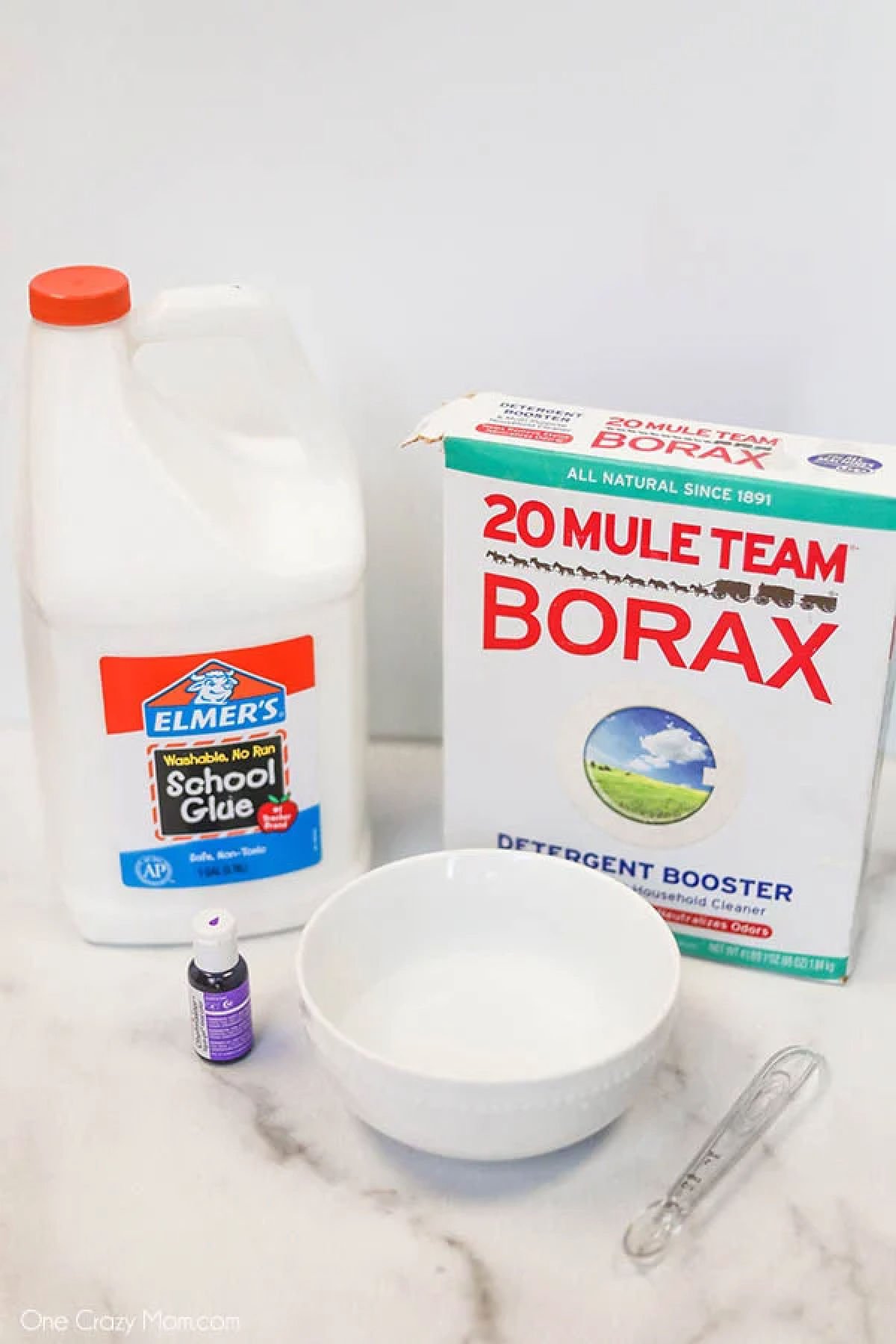 Ingredients for slime with borax - white glue, borax, water, food coloring. 