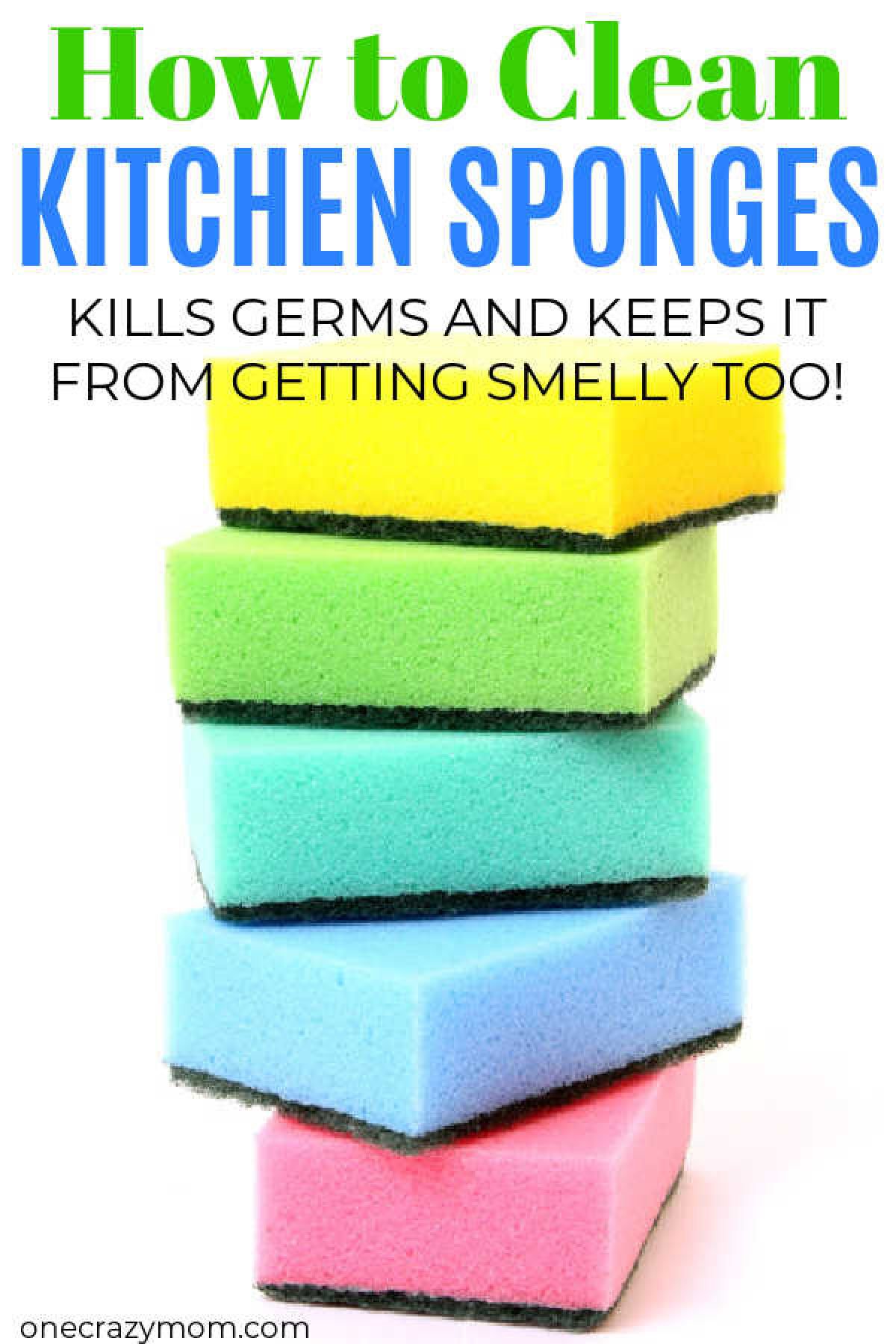 How to Clean a Sponge without any extra work. This is the best and easiest cleaning hack to keep your sponges clean.  This kitchen cleaning hack kills germ in your kitchen sponge and keeps it from getting smelly too! #onecrazymom #cleaninghack #cleaning #sponges 
