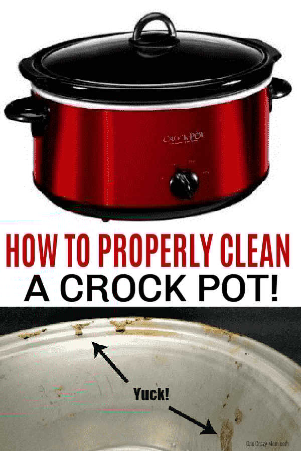 Learn how to clean a crock pot in a few easy steps. We are going to show you how to clean the inside of the crock pot including the heating element. Learn how to the clean the inside, base and heating element of your crock pot. #onecrazymom #cleaninghacks #cleaning #crockpot