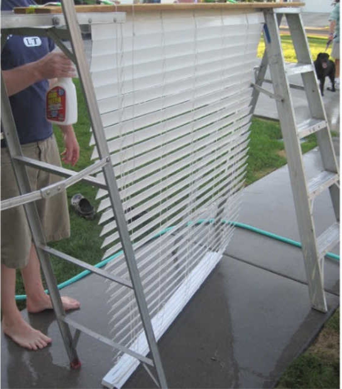 Window with blinds open. 